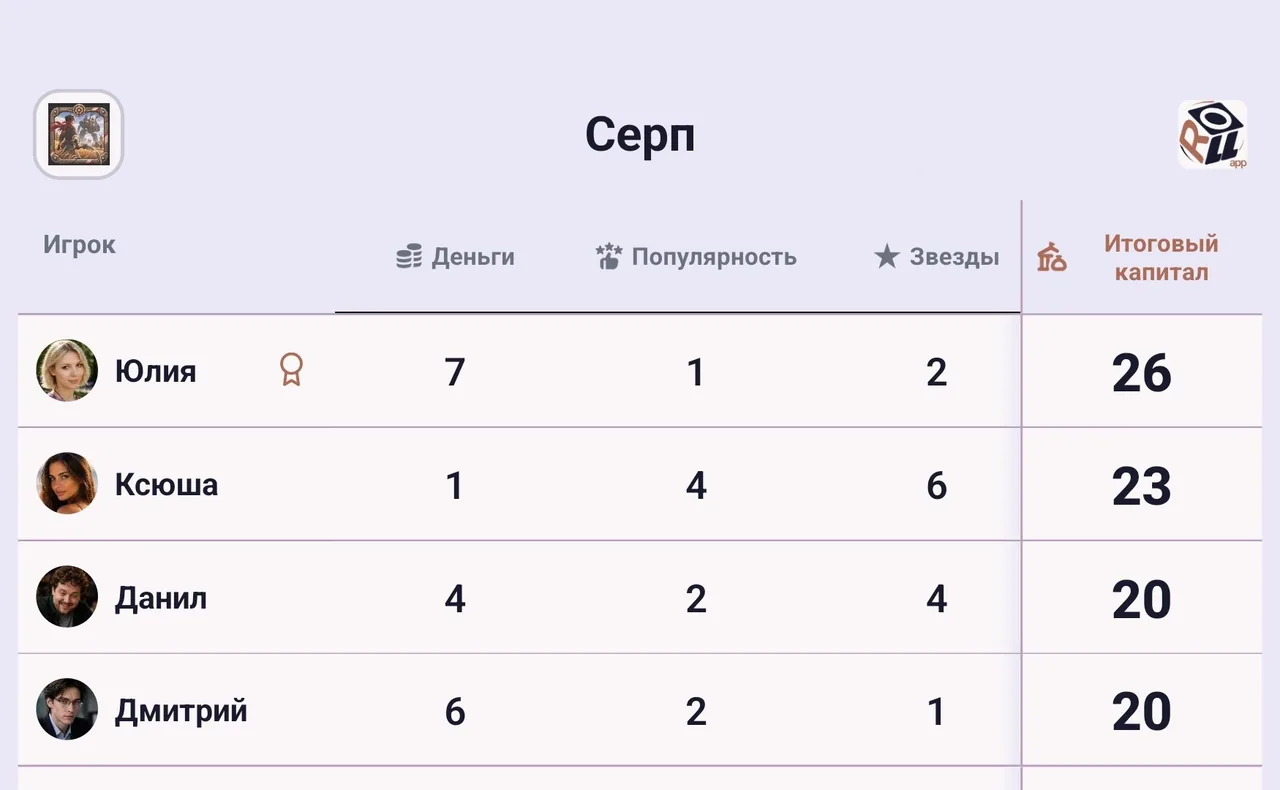 Roll App screen: Scoreboard for players and spectators